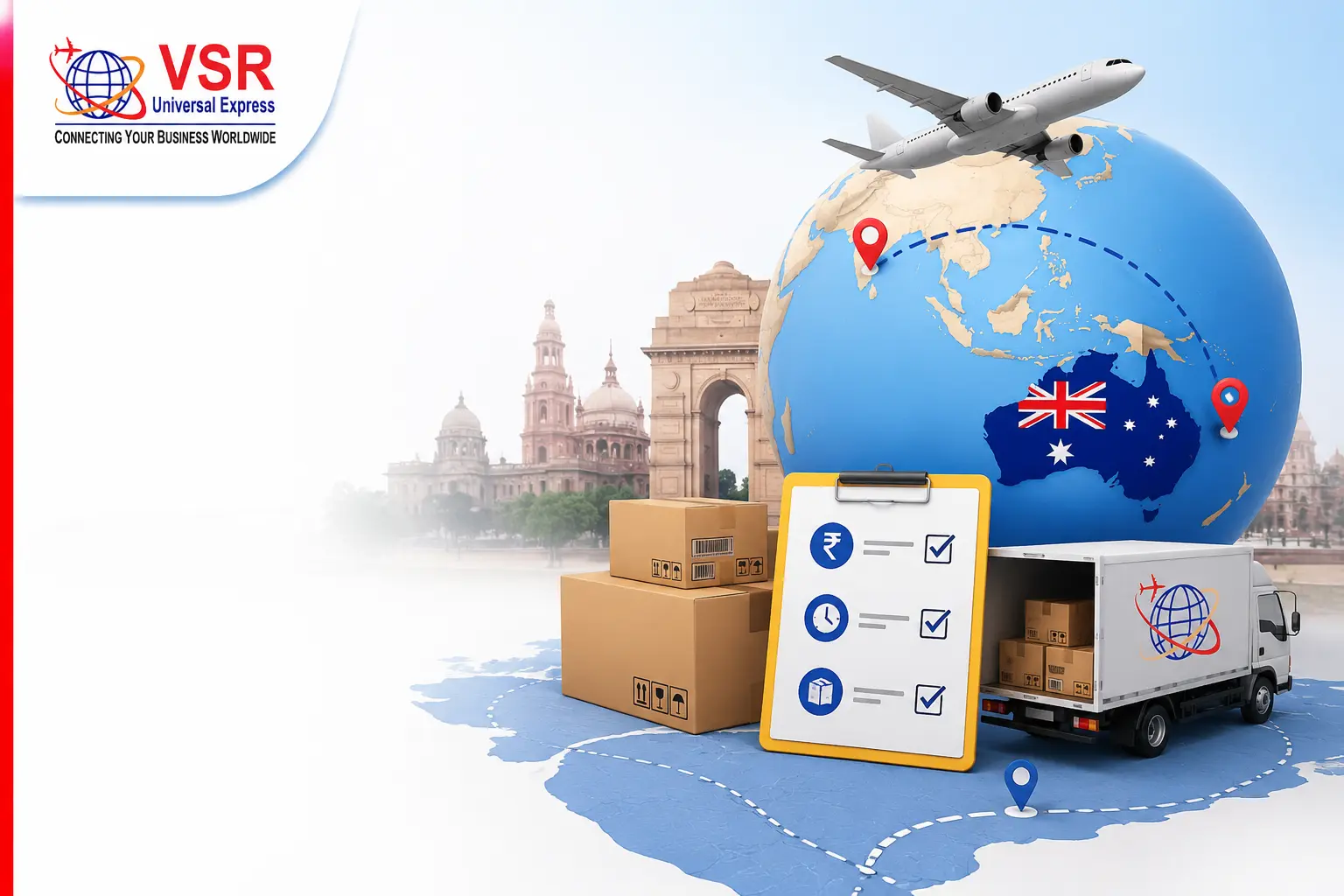 Globe with India to Australia flight path, delivery truck, packages, checklist, and India landmarks representing global shipping by VSR Universal Express.