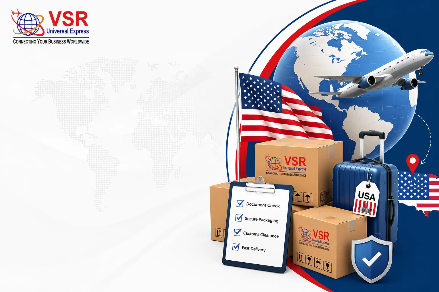 Logo for VSR Universal Express with packages, a clipboard checklist, US flag, suitcase tagged USA, airplane, and globe highlighting the USA.