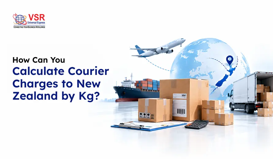 VSR banner asks, “How can you calculate courier charges to New Zealand by kg?” Boxes, a cargo ship, plane, truck, and globe suggest international shipping.