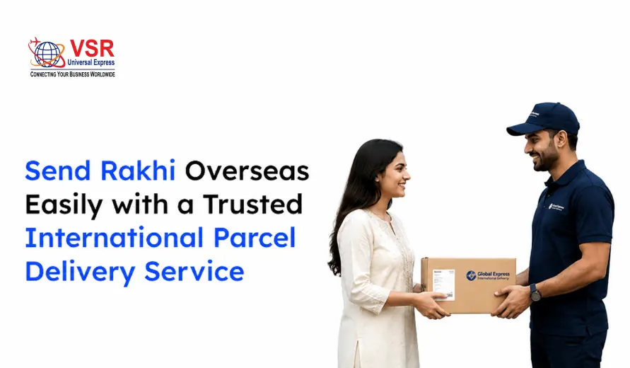 A graphic illustrating a reliable international parcel delivery service for sending rakhi overseas.