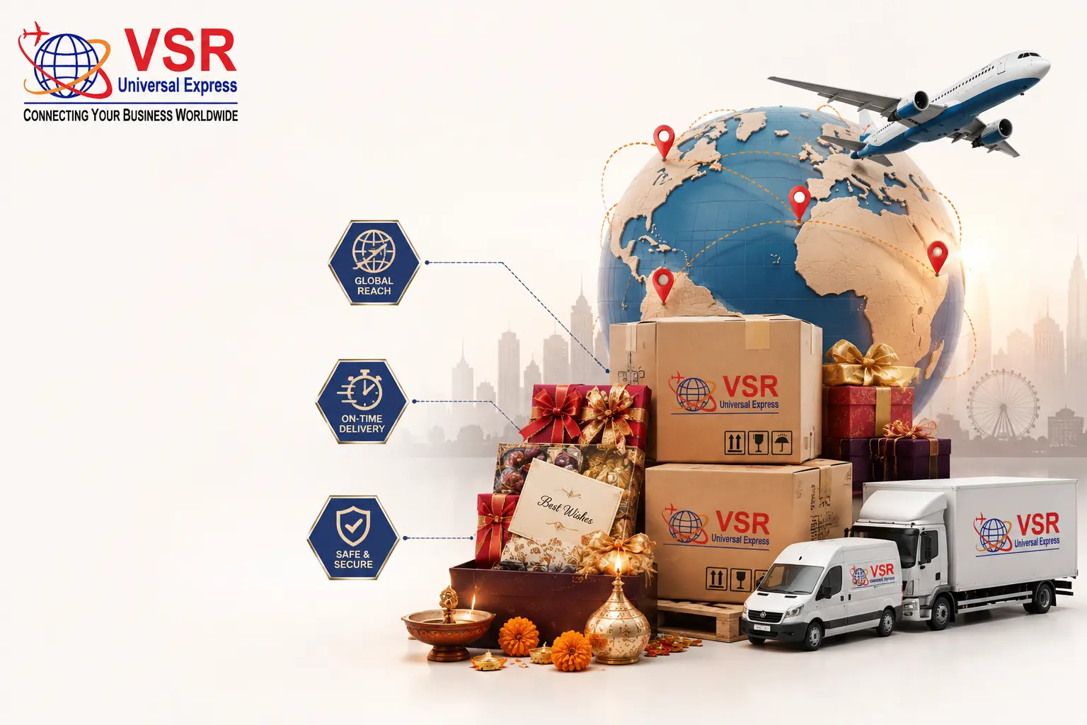 VSR Universal Express delivery service with global reach, on-time delivery, safe & secure packaging, trucks, airplane, and world globe with location pins.