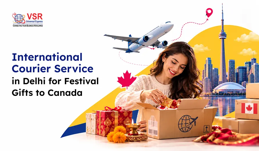 VSR banner showing a smiling woman packing festival gifts in Delhi; an airplane heads toward Toronto’s skyline, with Canada’s flag and maple leaf.