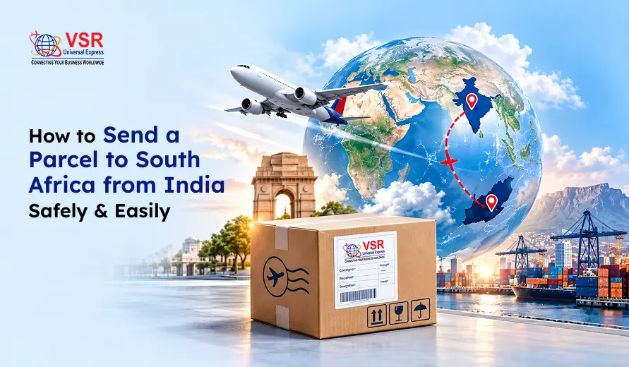 Shipping infographic showing a labeled parcel, airplane, globe route from India to South Africa, and cargo port, promoting safe, easy delivery.