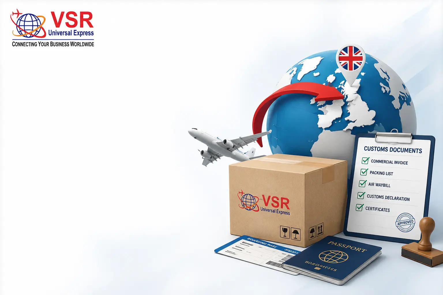 VSR Universal Express logo with a globe, airplane, shipping box, passport, boarding pass, and customs documents featuring UK flag location.